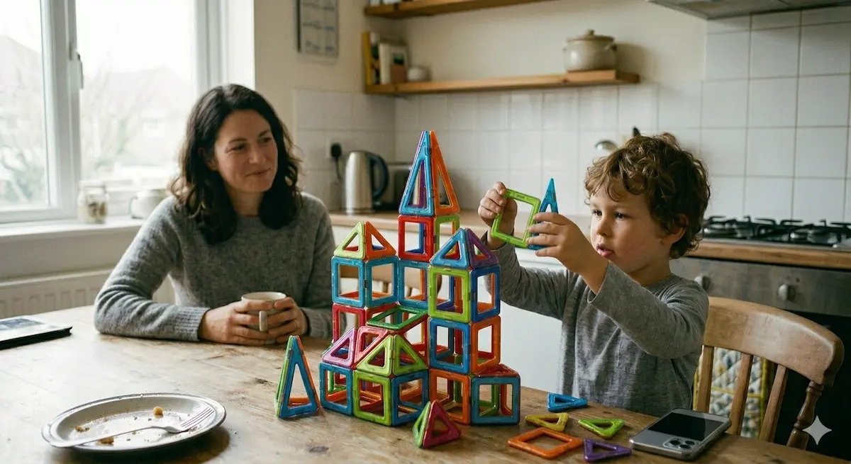 Bambino concentrato a costruire, genitore sereno sullo sfondo